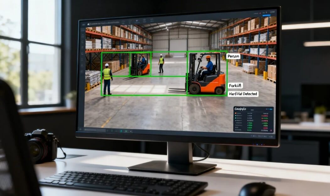 AI-powered CCTV interface showing real-time object detection with bounding boxes identifying people and vehicles