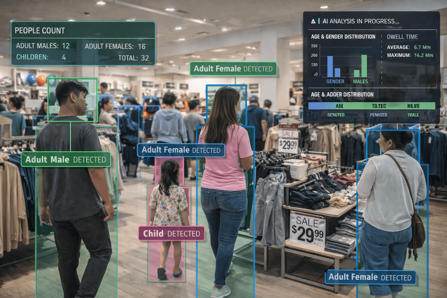 AI-powered retail analytics dashboard showing customer foot traffic heatmap, zone dwell times, and conversion funnel metrics overlaid on store floor plan