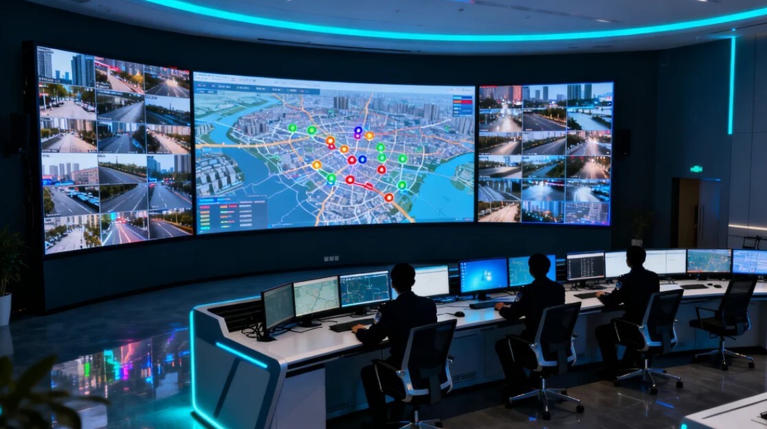 Modern city command center with multiple screens showing real-time traffic maps, incident alerts, crowd monitoring, and integrated city-wide analytics dashboard
