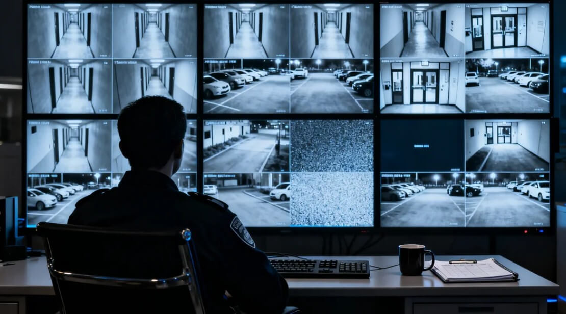 Security guard monitoring multiple traditional CCTV screens in a control room